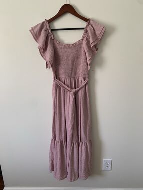 Escalier Blush Pink Smocked Flutter Sleeve Tiered Midi Dress with Tie Waist NWT